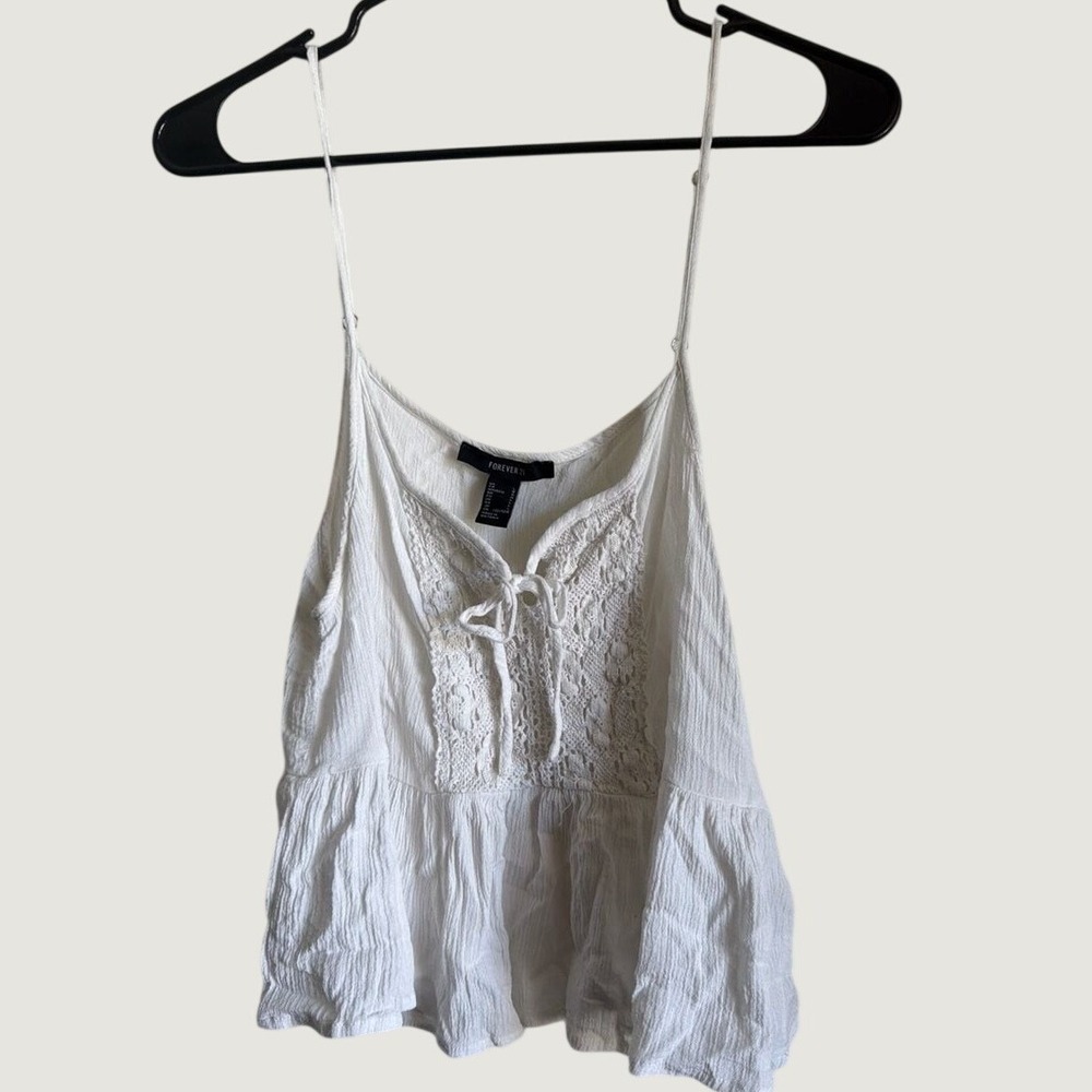Forever 21 White Lace Boho Peplum Cami Top Sleeveless Crinkle Gauze Large